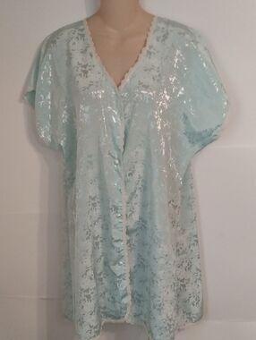 Vtg 80s Dynasty Collection Silky Embossed Blue Silver Threads Nighty Peignoir